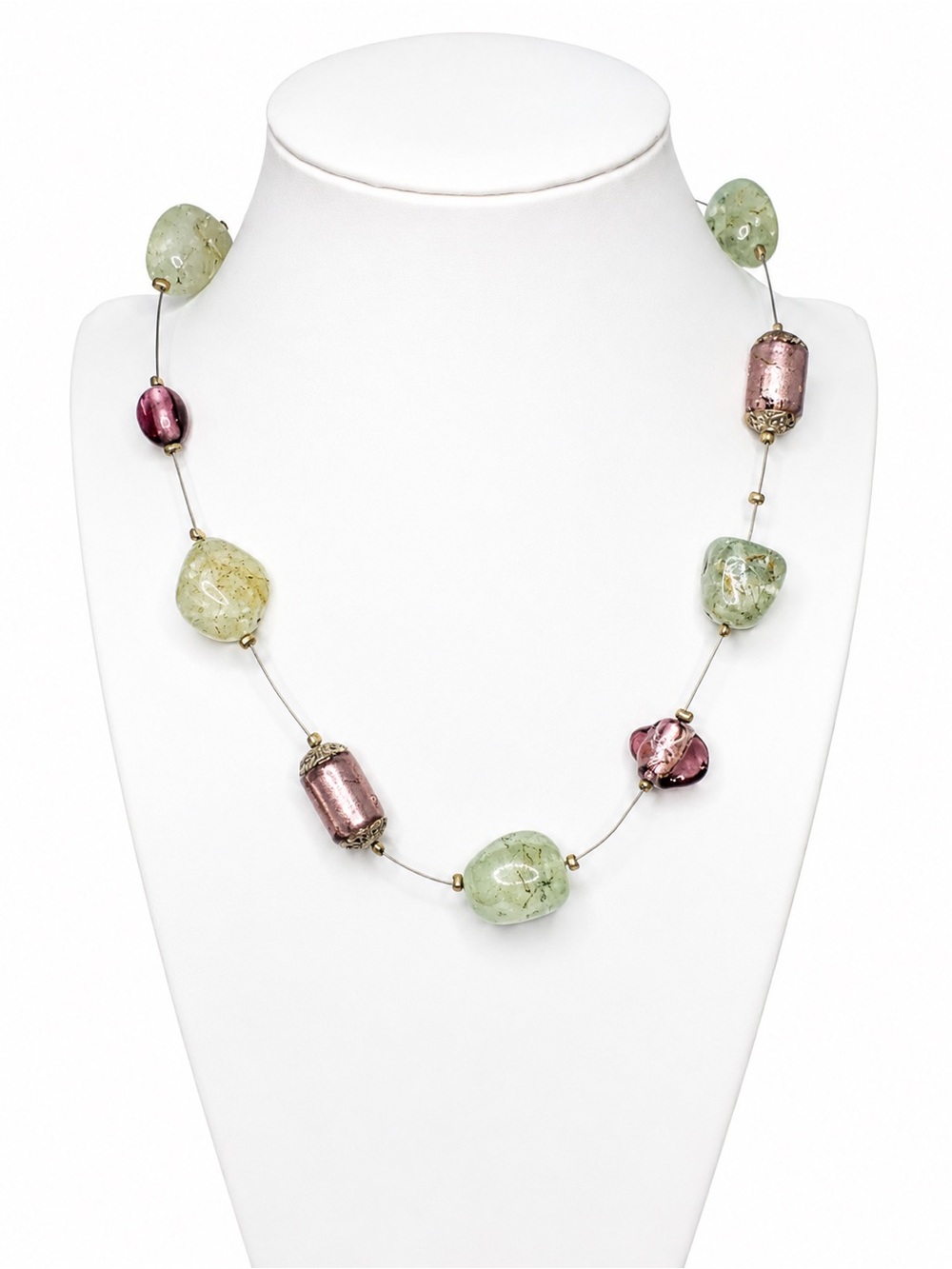 Vintage Artisan Prehnite & Lampwork Glass Necklace –‎ 17.5"